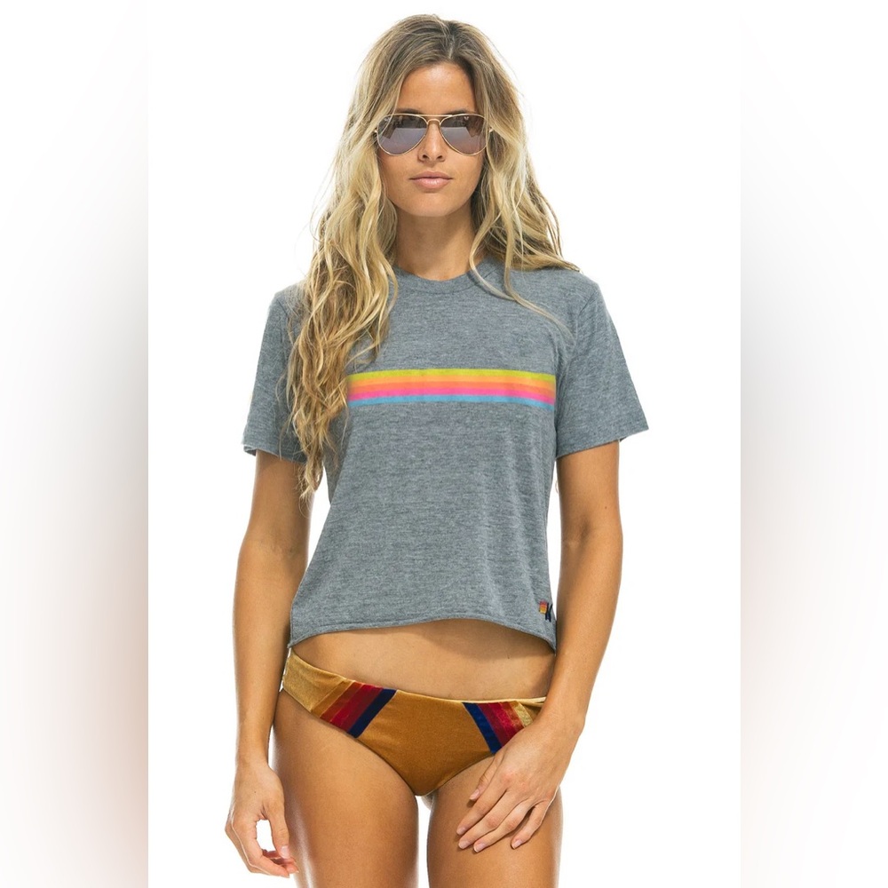Women's Gray Stripe Crop Tee - Multicolor Accent
